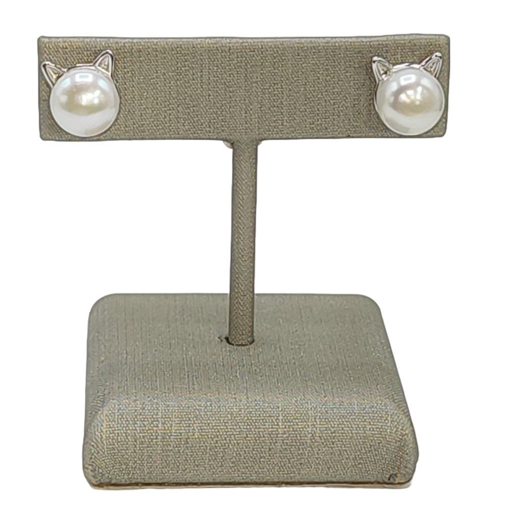 925 Sterling Silver 7mm White Cultured Freshwater Pearl Stud Earrings Cat Shaped